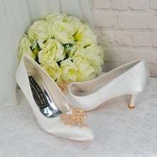 Load image into Gallery viewer, Kitten Heel Satin Shoes, Low Heel Bridal Shoe with Crystal 'Bow' Embellishment, Wedding Pumps for Bride Bridesmaid Hen Do Engagement Party