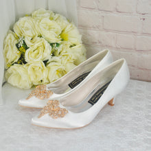 Load image into Gallery viewer, Kitten Heel Satin Shoes, Low Heel Bridal Shoe with Crystal 'Bow' Embellishment, Wedding Pumps for Bride Bridesmaid Hen Do Engagement Party