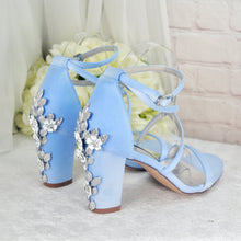 Load image into Gallery viewer, Blue Satin Cherry Blossom Block Heels