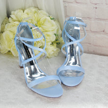 Load image into Gallery viewer, Blue Satin Block Heel Bridal Sandals