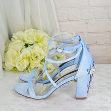 Load image into Gallery viewer, Blue Satin Cherry Blossom Block Heels