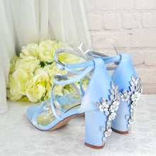 Load image into Gallery viewer, Blue Satin Block Heel Bridal Sandals