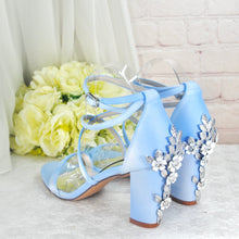 Load image into Gallery viewer, Blue Satin Cherry Blossom Block Heels