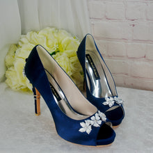Load image into Gallery viewer, Navy Blue Satin Peep Toe Heels with Cherry Blossom