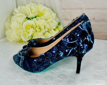Load image into Gallery viewer, Navy Floral Embroidered Shoes, Low Heel Mother of the Bride Groom Special Occassion Bridal Shoe