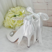 Load image into Gallery viewer, Satin Peep Toe Bridal Shoes with Pearl Ankle Strap