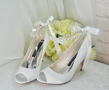 Load image into Gallery viewer, Satin Peep Toe Bridal Shoes with Pearl Ankle Strap