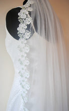 Load image into Gallery viewer, Floral Embroidered Lace Edge Bridal Veil with Sage Green Details