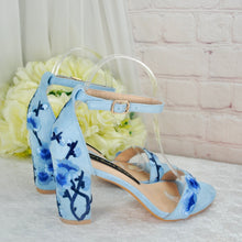 Load image into Gallery viewer, Blue Suede Bridal Sandals with Floral Blossom Embroidery