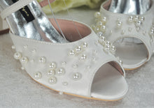 Load image into Gallery viewer, Satin Block Heel Bridal Sandals with Pearl Detail