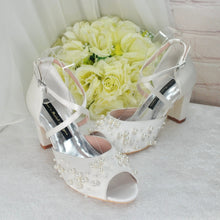 Load image into Gallery viewer, Satin Block Heel Bridal Sandals with Pearl Detail