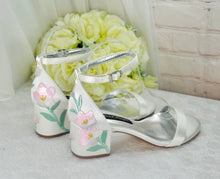 Load image into Gallery viewer, Ivory Satin Bridal Sandals with Pink or Blue Floral Embroidery