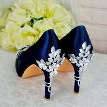 Load image into Gallery viewer, Navy Blue Satin Peep Toe Heels with Cherry Blossom