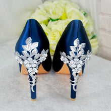 Load image into Gallery viewer, Navy Blue Satin Peep Toe Heels with Cherry Blossom