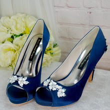 Load image into Gallery viewer, Navy Blue Satin Peep Toe Heels with Cherry Blossom