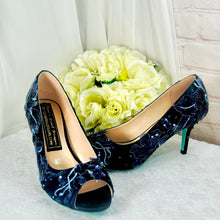 Load image into Gallery viewer, Navy Floral Embroidered Shoes, Low Heel Mother of the Bride Groom Special Occassion Bridal Shoe