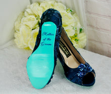 Load image into Gallery viewer, Navy Floral Embroidered Shoes, Low Heel Mother of the Bride Groom Special Occassion Bridal Shoe