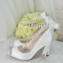 Load image into Gallery viewer, Satin Peep Toe Bridal Shoes with Pearl Ankle Strap