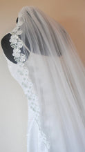 Load image into Gallery viewer, Floral Embroidered Lace Edge Bridal Veil with Sage Green Details