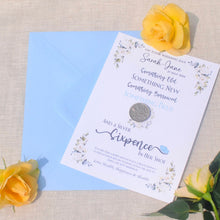 Load image into Gallery viewer, Personalised Wedding Gift for Bride Keepsake Sixpence ‘Something Old, New...’ Wedding Day Shoe Coin. Authentic Silver Sixpence & Poem