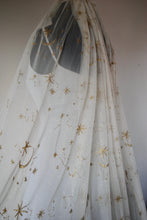 Load image into Gallery viewer, Beautiful Embroidered Wedding Veil - Blue, Cream, Black, Navy Gold Celestial Moon and Star Embroidery, Up to Cathedral Length Cape
