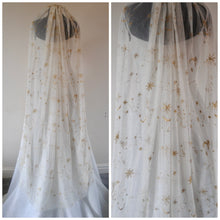 Load image into Gallery viewer, Beautiful Embroidered Wedding Veil - Blue, Cream, Black, Navy Gold Celestial Moon and Star Embroidery, Up to Cathedral Length Cape