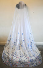Load image into Gallery viewer, Beautiful cathedral white wedding veil blue embroidered flowers