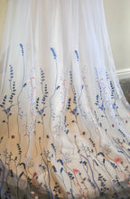Load image into Gallery viewer, Beautiful cathedral white wedding veil blue embroidered flowers