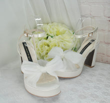 Load image into Gallery viewer, Platform White Wedding Bridal Heels Shoes Bow Block Heel Sandals