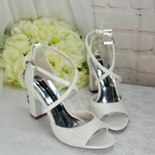 Load image into Gallery viewer, Ivory Shimmer Block Heel Bridal Sandals