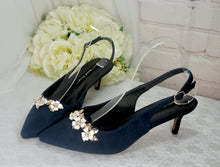 Load image into Gallery viewer, Navy Blue Suede Sling Back Bridal Sandal, Low Heel 6cm Matching Bag with Cherry Blossom.