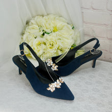 Load image into Gallery viewer, Navy Blue Suede Sling Back Bridal Sandal, Low Heel 6cm Matching Bag with Cherry Blossom.