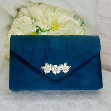 Load image into Gallery viewer, Navy Blue Suede Sling Back Bridal Sandal, Low Heel 6cm Matching Bag with Cherry Blossom.