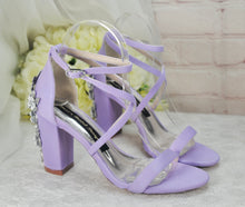 Load image into Gallery viewer, Lilac Satin Block Heel Bridal Sandals