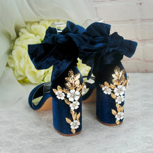 Load image into Gallery viewer, Navy Blue Velvet Block Heels with Cherry Blossom Size UK3 / US5.5