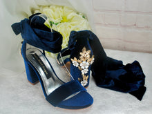 Load image into Gallery viewer, Navy Blue Velvet Block Heels with Cherry Blossom Size UK3 / US5.5