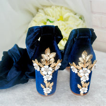 Load image into Gallery viewer, Navy Blue Velvet Block Heels with Cherry Blossom Size UK3 / US5.5