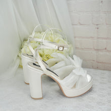 Load image into Gallery viewer, Platform White Wedding Bridal Heels Shoes Bow Block Heel Sandals