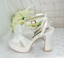 Load image into Gallery viewer, Platform White Wedding Bridal Heels Shoes Bow Block Heel Sandals