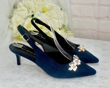 Load image into Gallery viewer, Navy Blue Suede Sling Back Bridal Sandal, Low Heel 6cm Matching Bag with Cherry Blossom.