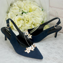 Load image into Gallery viewer, Navy Blue Suede Sling Back Bridal Sandal, Low Heel 6cm Matching Bag with Cherry Blossom.