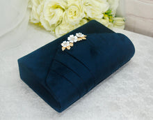 Load image into Gallery viewer, Navy Blue Suede Sling Back Bridal Sandal, Low Heel 6cm Matching Bag with Cherry Blossom.