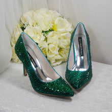 Load image into Gallery viewer, Emerald Green Crystal Heels with Matching Clutch Bag