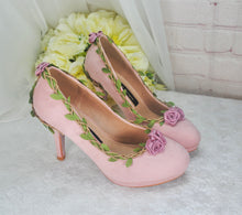 Load image into Gallery viewer, Blush Pink Suede Wedding Sandals with Rose Details- UK4/US6.5