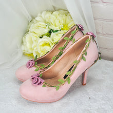 Load image into Gallery viewer, Blush Pink Suede Wedding Sandals with Rose Details- UK4/US6.5