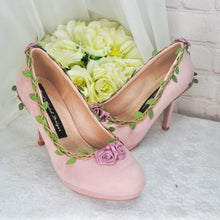 Load image into Gallery viewer, Blush Pink Suede Wedding Sandals with Rose Details- UK4/US6.5
