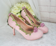 Load image into Gallery viewer, Blush Pink Suede Wedding Sandals with Rose Details- UK4/US6.5