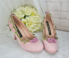 Load image into Gallery viewer, Blush Pink Suede Wedding Sandals with Rose Details- UK4/US6.5
