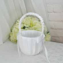 Load image into Gallery viewer, Satin Flower Girl Basket, White Flower Girl Basket, Choice of Ribbon Colour