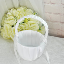 Load image into Gallery viewer, Satin Flower Girl Basket, White Flower Girl Basket, Choice of Ribbon Colour